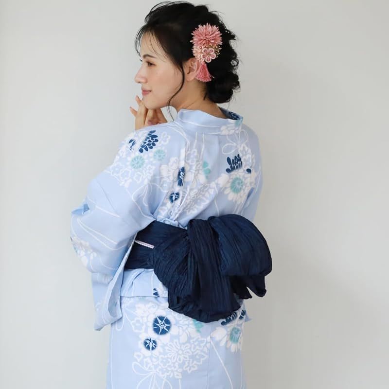青い花柄の浴衣とリボン帯 GRL 青色花柄着物と帯セット
