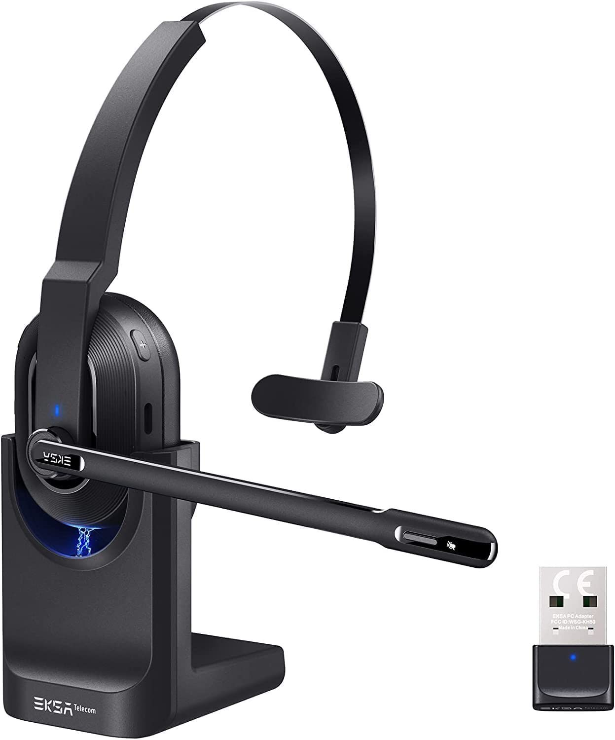 EKSA 業務用 ワイヤレスヘッドセット Bluetooth 片耳 USBドングル付属 通話ノイズリダクション 単一指向性 マイク搭載 オフィス用 超軽量 最大45時間使用 充電スタンド付き ハンズフリー 通話 web会議用 コールセンター パソコ
