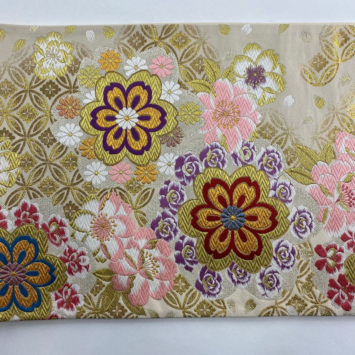 袋帯 秀品 振袖向き 桜 七宝 金糸 唐織 ベージュ 六通 正絹