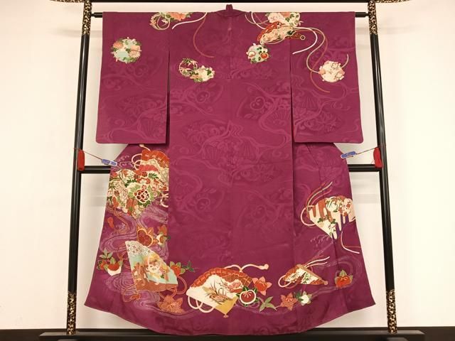 平和屋着物○アンティーク 大正ロマン 訪問着 駒刺繍 檜扇花文 金糸