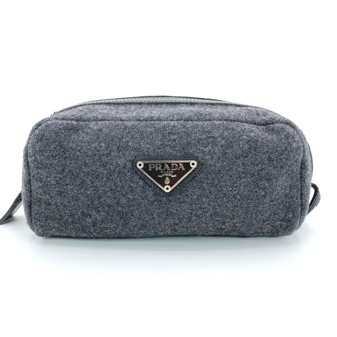 PRADA プラダ コスメポーチ ウール レザー グレー 三角プレート