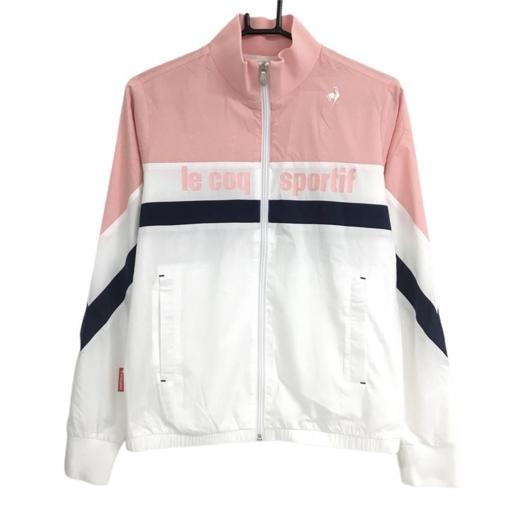 SALE25％OFF【超美品】ルコック ジャケットブルゾン 白×ピンク ネイビーライン ロゴプリント レディース M ゴルフウェア le coq sportif