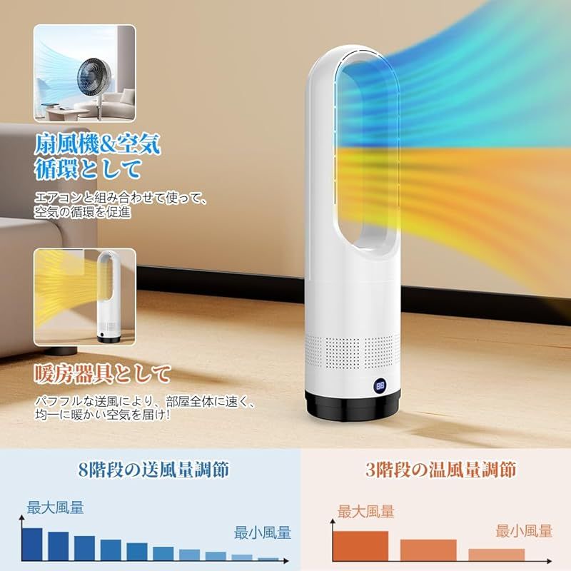 タワーファン 扇風機 セラミックヒ一タ一 スリム扇風機 2025最新型＆冷暖両用＆羽根なし ファンヒーター 電気ファンヒーター 3段階暖風 8段階冷風切り替え 100°左右首振り 1-9Hタイマー設定可 転倒自動OFF 過熱保護 リモコン付き 省エ 1
