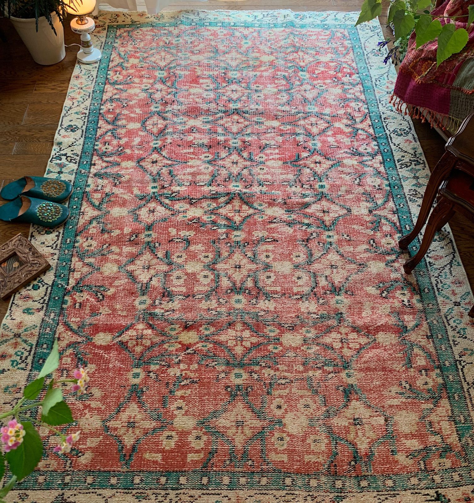 超大判 231 ×146 レア　フラワー　コーラルレッド　トルコヴィンテージラグ 超大判 231 ×146 レア フラワー コーラルレッド トルコ
