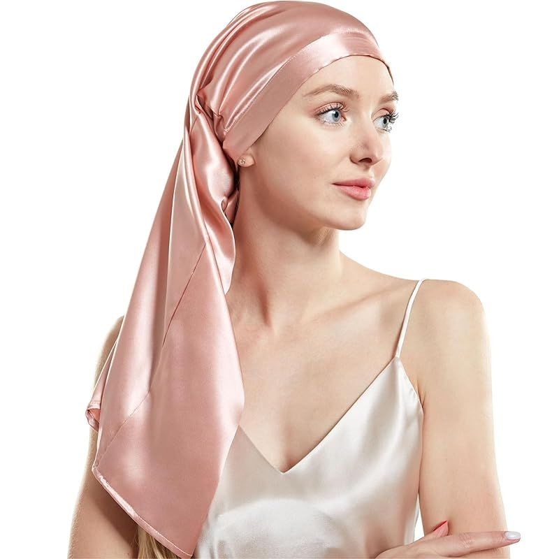 BaiRu ナイトキャップ シルク 天然 100% 高級 ロングヘア用 就寝用 美髪 ヘアケア 枝毛防止 6Aクラス 22匁 シルクキャップ 筒型 リボンとゴム付きタイプ シルク100% (ポメロ ピンク)
