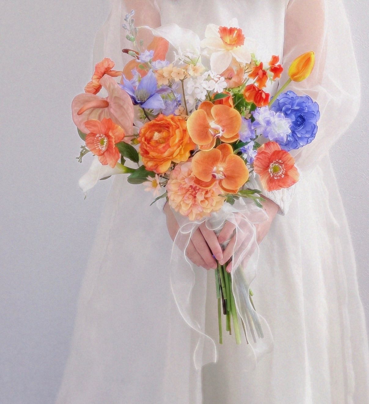 オレンジ&パープルのクラッチブーケ ウェディングブーケ ブートニア付