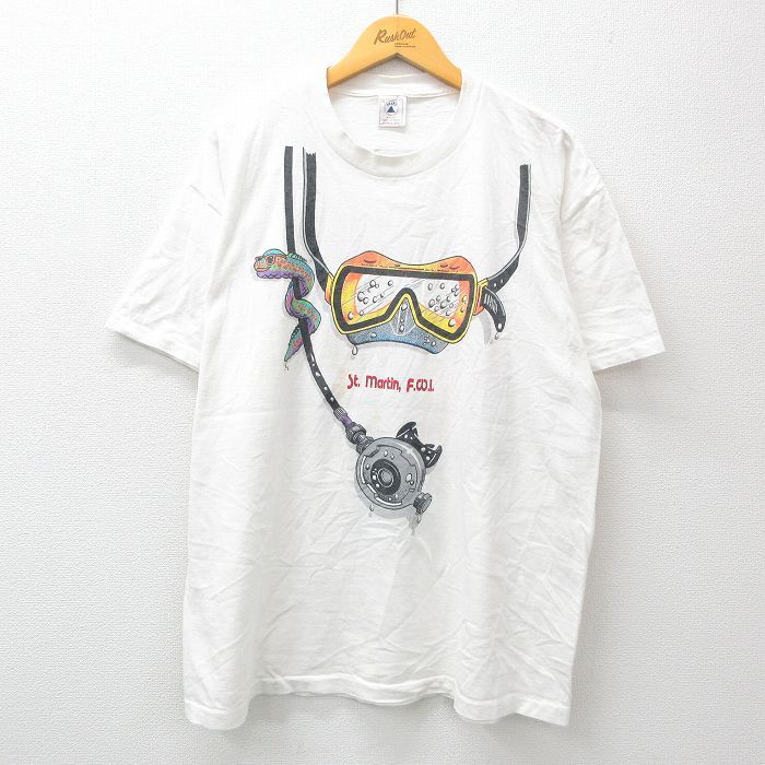 XL/古着 半袖 ビンテージ Tシャツ メンズ 90s セントマーチン スキューバダイビング 大きいサイズ コットン クルーネック 白 ホワイト 24ma
