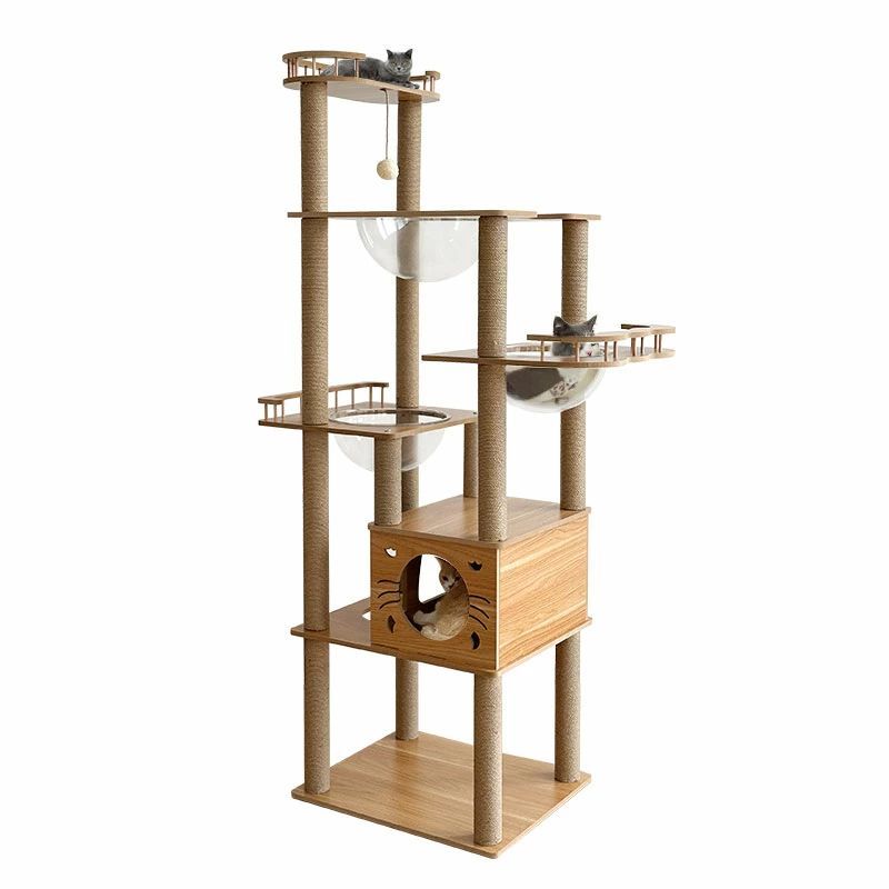 RAKU キャットタワー 大型 木製 据え置き 多頭飼い 大型猫 シニア猫 高さ184cm 滑り止め 宇宙船 見晴台 スリム 爪研ぎ 展望台 コットン 麻