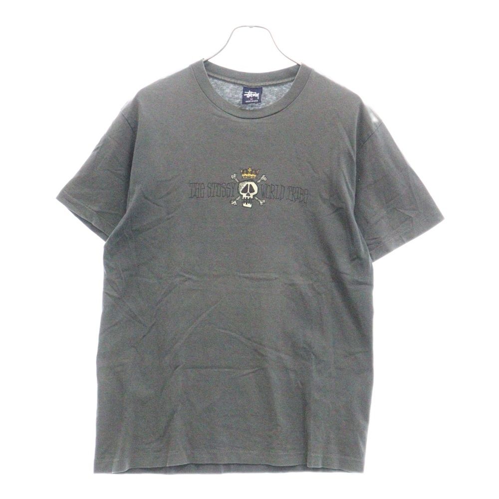 STUSSY (ステューシー) 90S 紺タグ ドクロプリント クルーネック半袖Tシャツ カットソー グレー