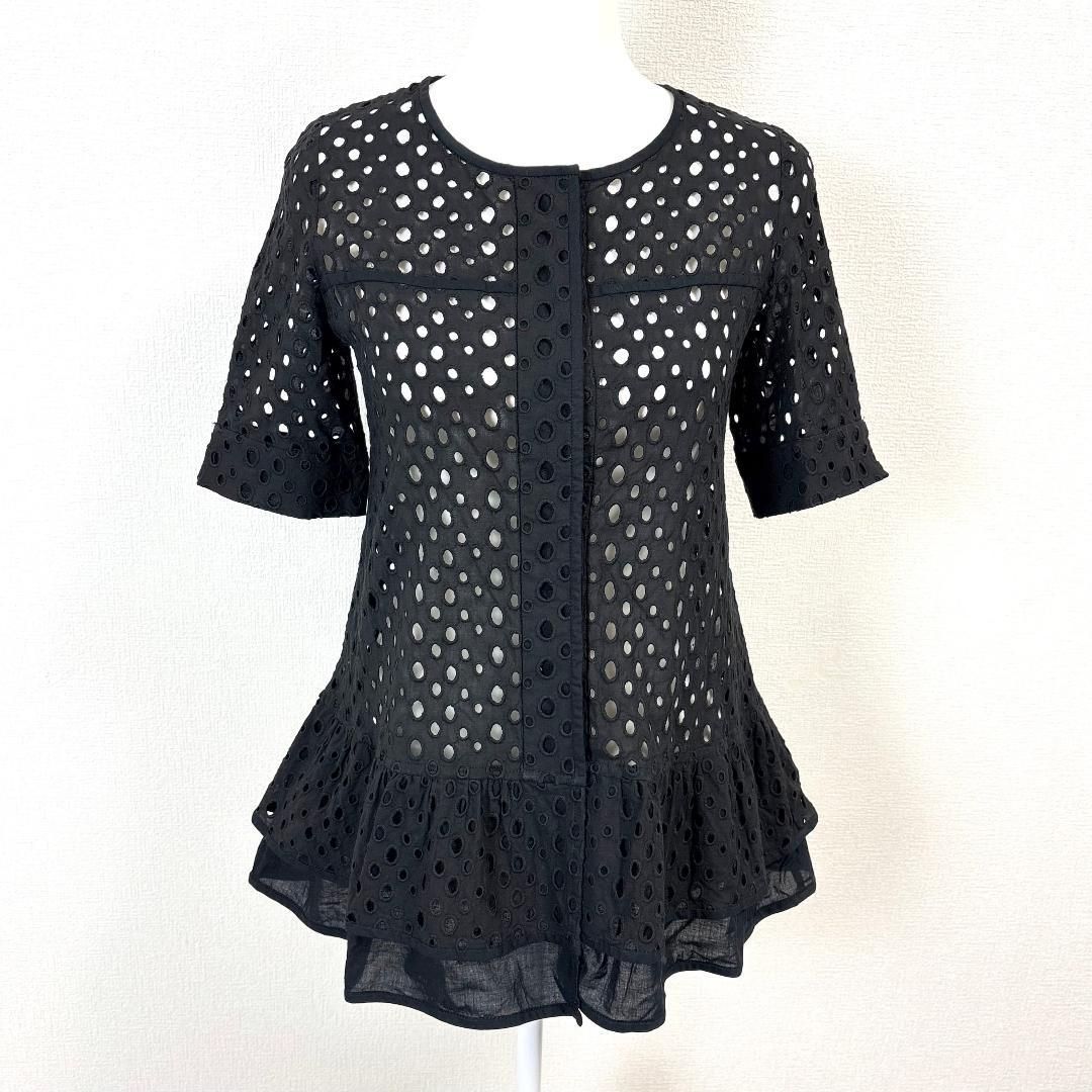  Rene 半袖 パンチング ペプラムブラウス 5分袖 34 黒 半袖 シャツ ブラウス