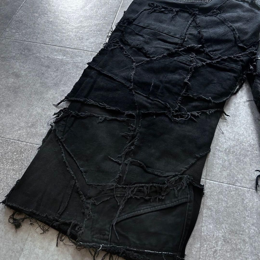 再構築フレア デニム リメイク パンツ ブラック 黒 ワイド 古着 
