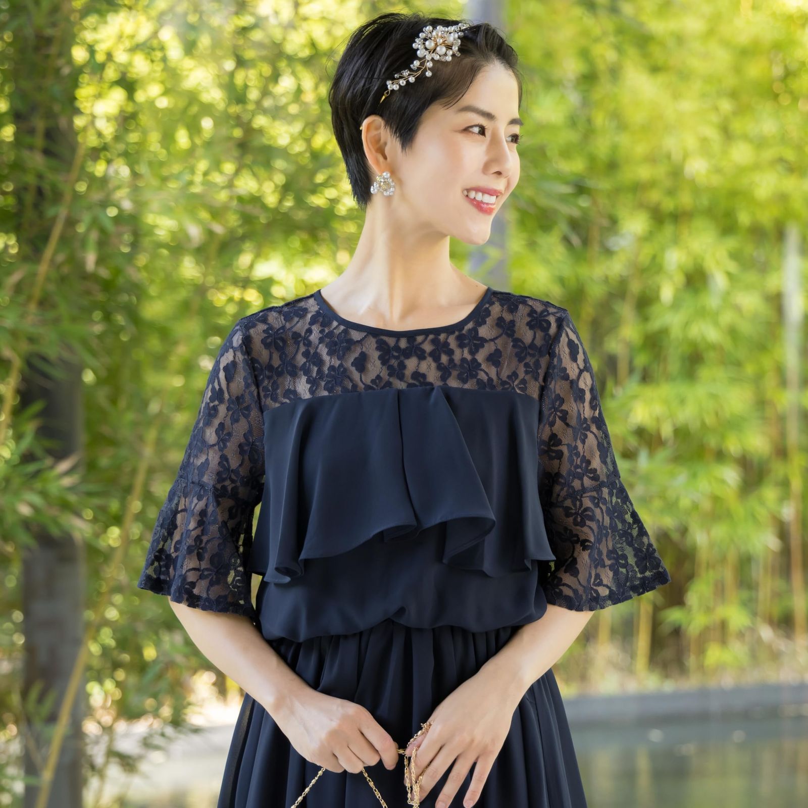 Amazon | [MORE AUNI] パーティー ドレス 結婚式 レース 切替