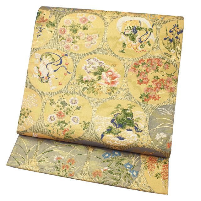 新古品 すごい値 袋帯 ♥ フォーマル 正絹 西陣 河瀬満織物 金色 ゴールド 風神 雷神 桜 菊 桔梗 藤 楓 花 仕立て上がり 春秋冬 結婚式 七五三 入学式 卒業式 リサイクル すごいね みやがわ neb01548