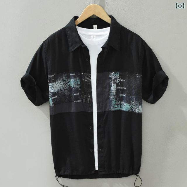 種類52 - L B 黒色 メンズ ファッション 服 男性用 オシャレ シンプル 大人 かっこいい 大きいサイズ ストリート 紳士服 夏 プリント リネンシャツ 半袖 カジュアル 通気性 コットンリネン 生地 シャツ