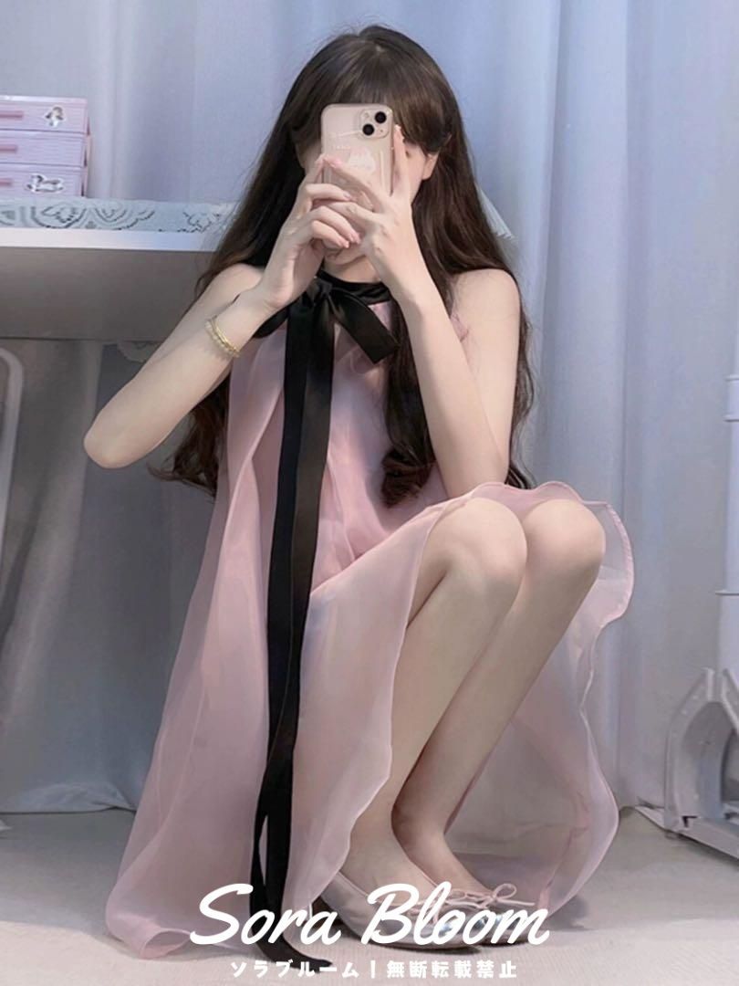 ミニ丈ゆったりAラインシフォンワンピース　サテンリボンがアクセント 新品未使用ミニ丈ゆったりAラインシフォンワンピース サテン