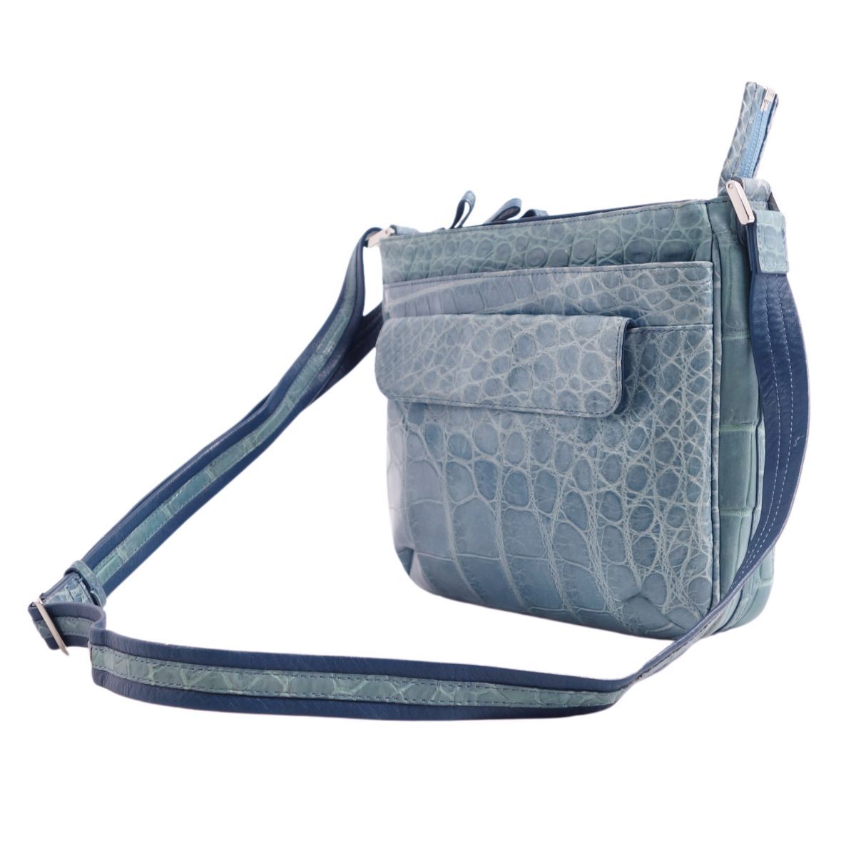 美品 クロコダイル CROCODILE バッグ ショルダーバッグ マットクロコ ワニ革 カバン レディース ターコイズブルー sankyo shokai（三京商会） クロコダイル ショルダー バッグ バイ