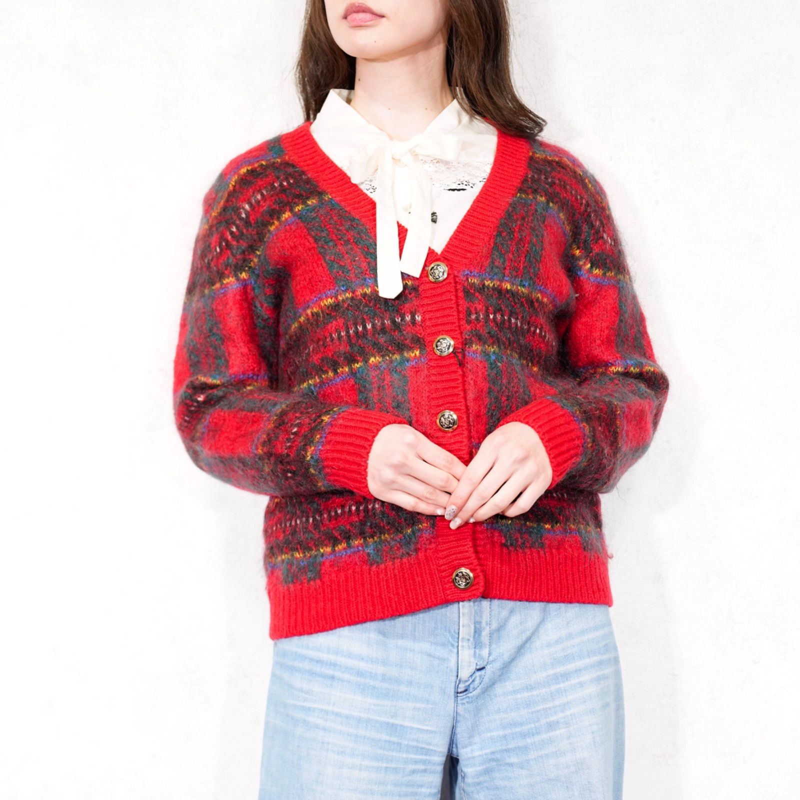 アメリカ古着チェック柄デザインモヘアニットカーディガン