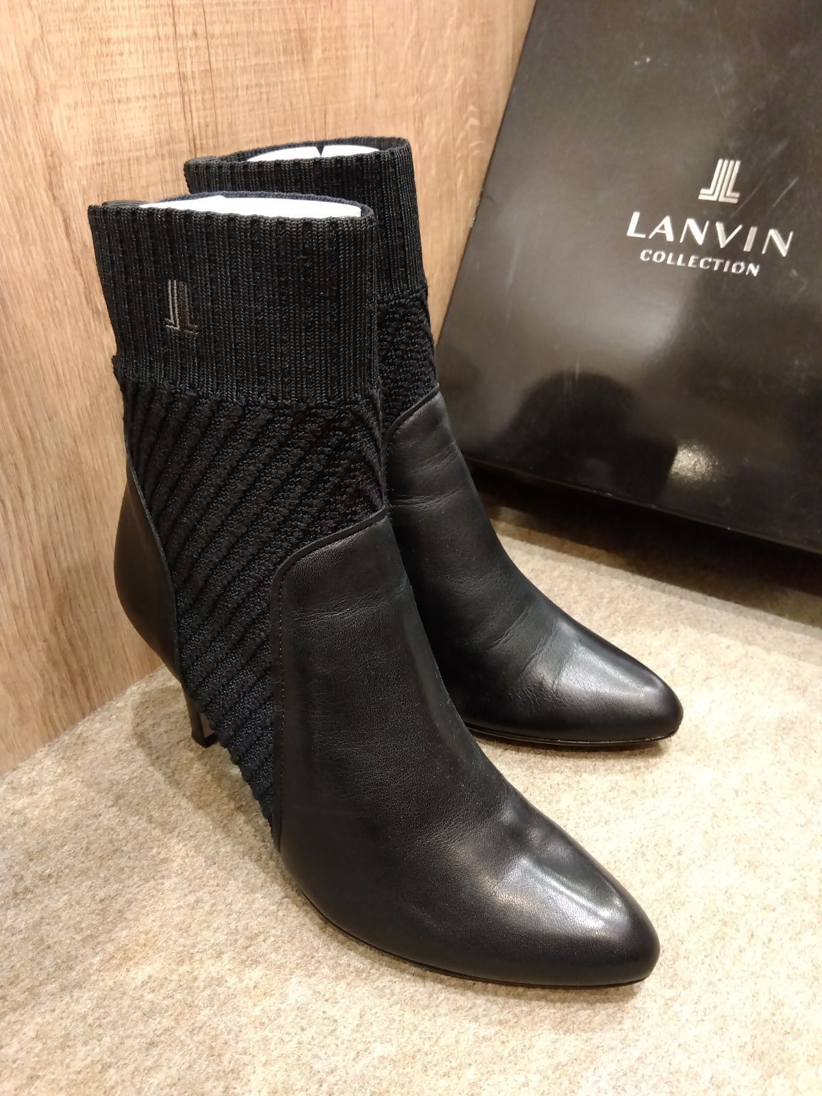M08 ランバン 23.5㎝ LANVIN Mサイズ ショートブーツ レザーブーツ ニットブーツ 美ライン 本革 レザー ハイヒール 黒 ブラック