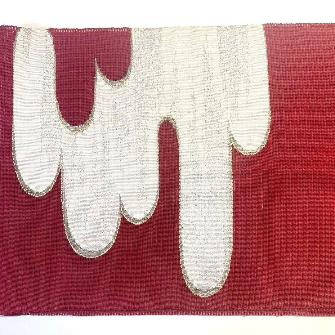 4k1125 名古屋帯 絹 夏帯 夏物 絽綴れ 赤 白 銀色 金色 柄物 - メルカリ
