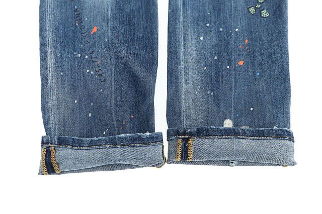 ディースクエアード DSQUARED2 21SS Skater Jean ラインストーン ペイント ダメージ加工 スケーター ジーンズ デニム パンツ  S74LB0922 S30708 50 インディゴ ブルー ブランド古着ベクトル 中古☆AA★241120