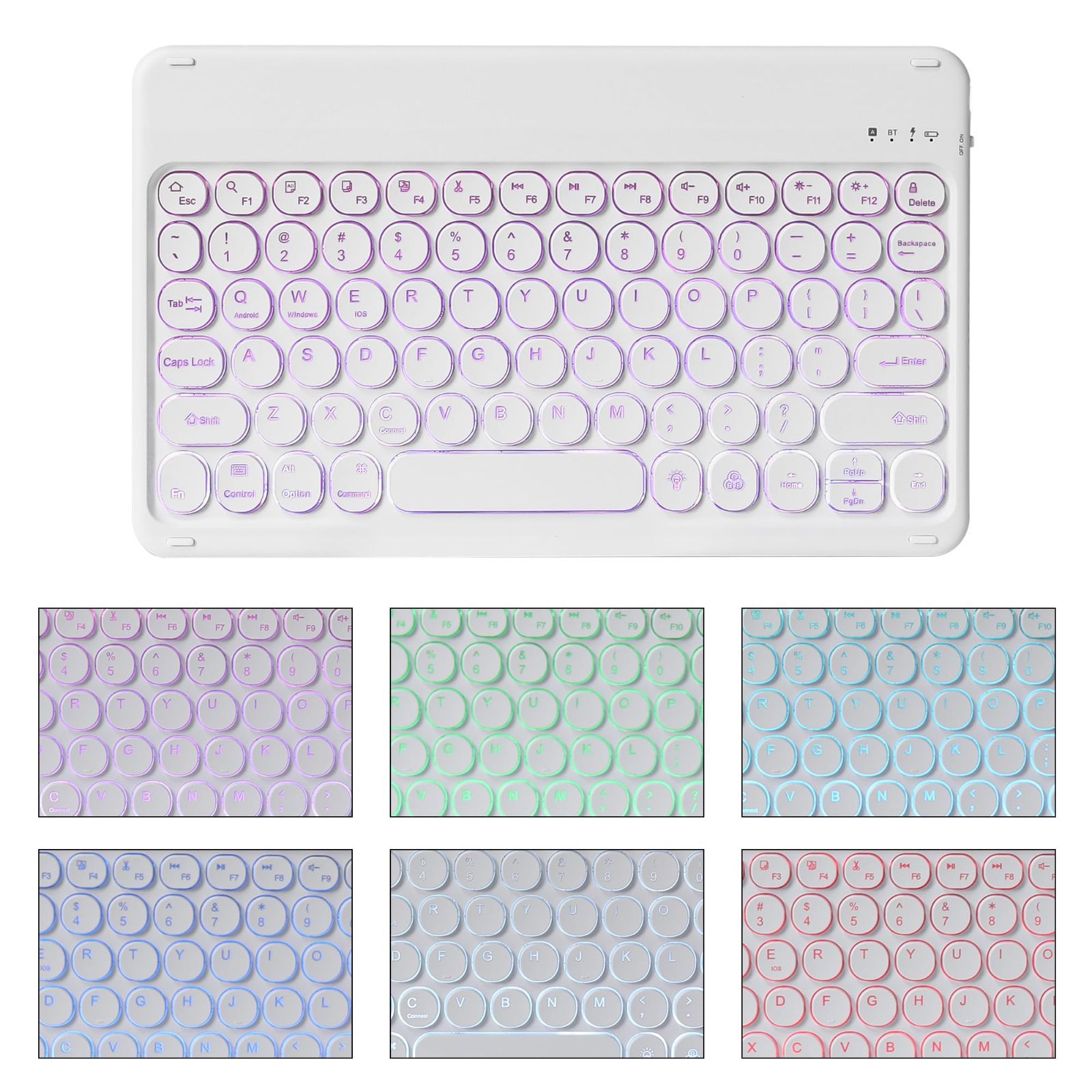 キーボード ワイヤレス Bluetooth 10インチ 7色バックライト搭載 ipad対応キーボード 白 超薄型 軽量 静音 丸いキー 英語配列 USB充電式 タブレット/iphone/スマホ/パソコン適用 iOS/Android/Mac/Wind