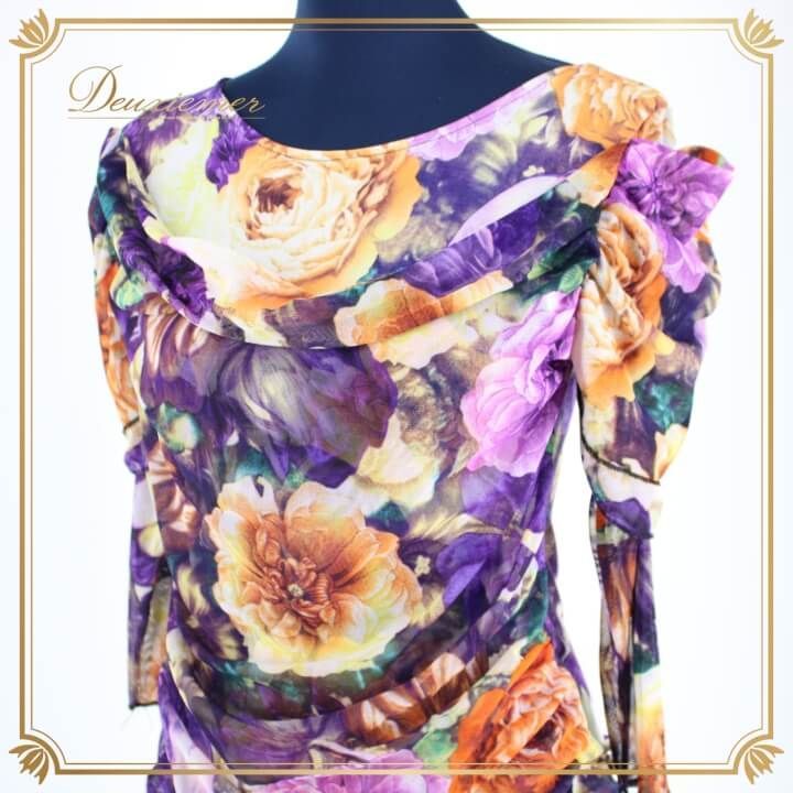  社交ダンス 衣装 スタンダード トップス パーティー レッスンウェア 練習着 ICHIOKU イチオク パープル系 オレンジ系 紫 緑 黄色 茶色 長袖 花柄 ダンスウェア フォーマル フラワープリント 大 レッスンウェア