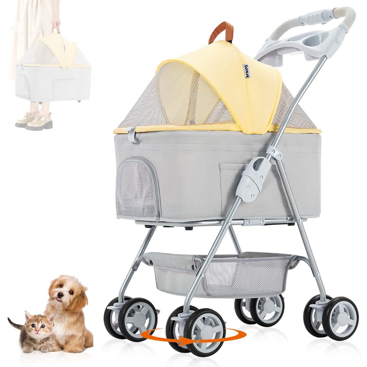 人気商品多機能 4輪360°回転 軽量 ペットキャリー 犬用 多頭用 カート 猫 組み立て簡単 小型犬 お出かけ 中型犬 散歩 ペットバギー 通院 分離型 介護用 2Way ペット用ベビーカー ペットカート 耐荷重15KG 折りたたみ イエロー＆グレー L