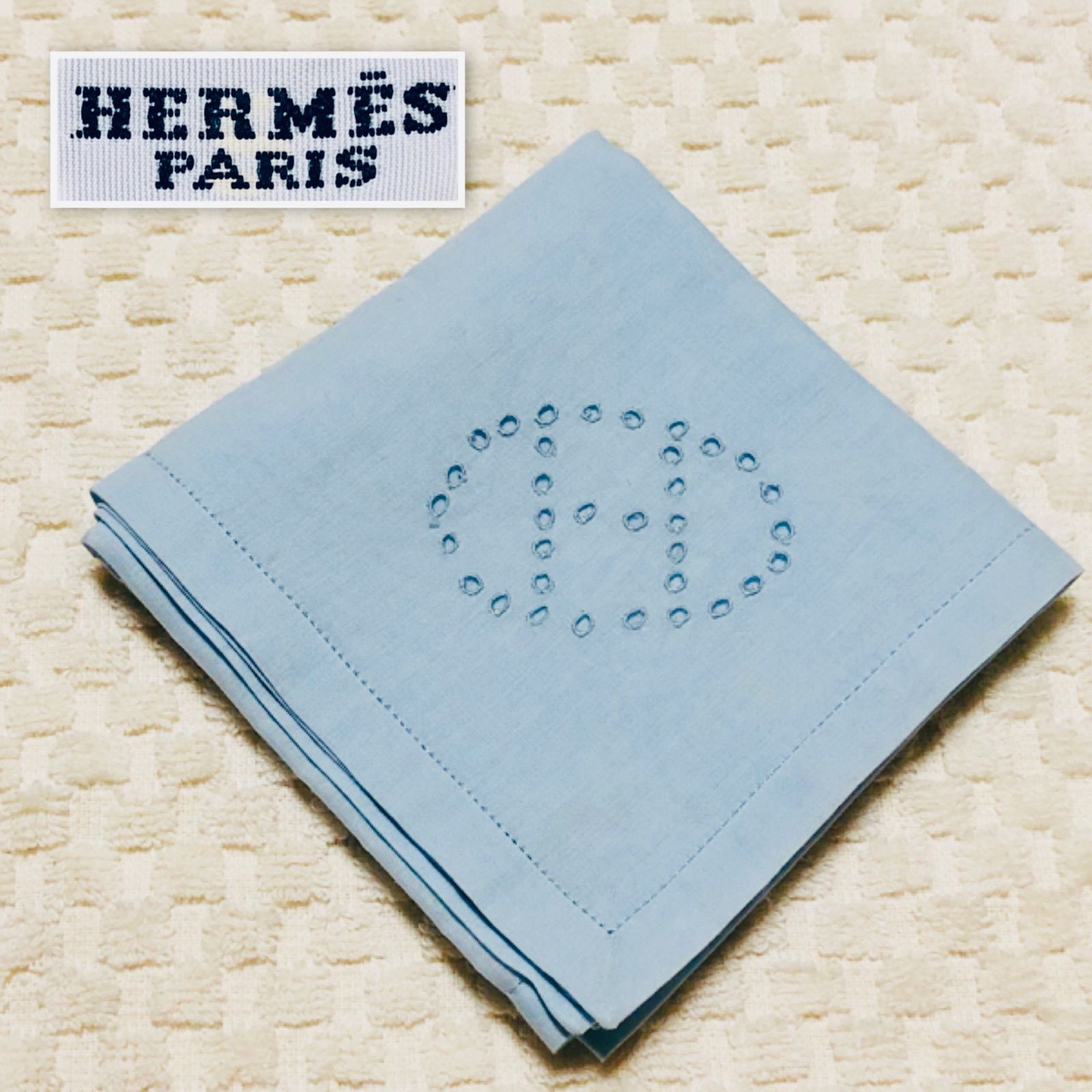HERMES エルメス エヴリン ハンカチ ポケットチーフ コットン マダガスカル製 ライトブルー 44×45cm