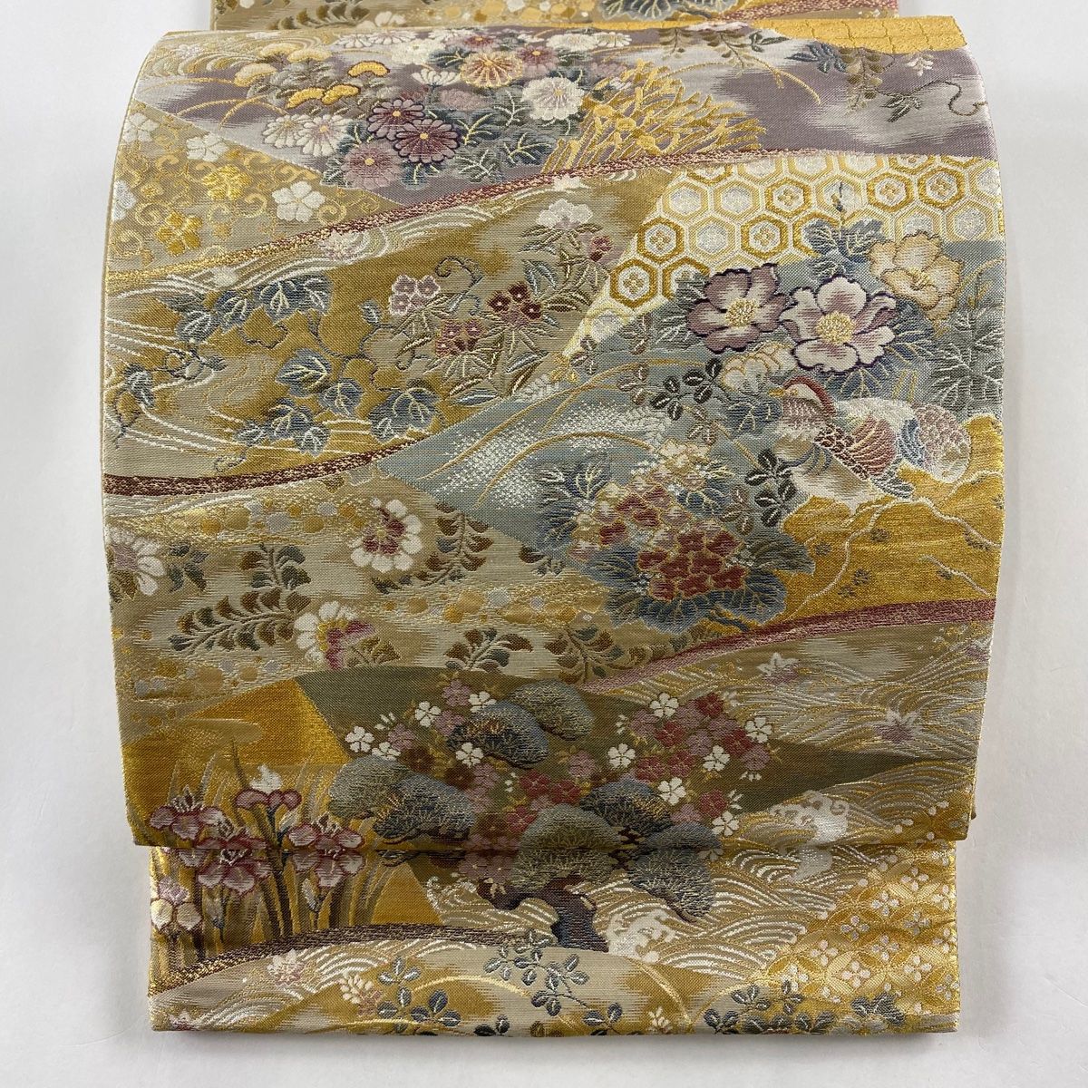 袋帯 名品 草花 波 箔 金色 六通 正絹