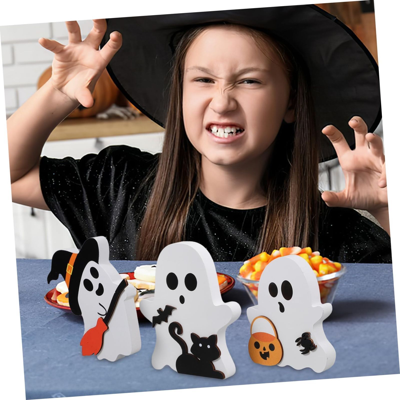  まもなく終了 トレイ装飾 セット 装飾 ゴーストオーナメント 置物 ゴースト 木製 オーナメント NUOLUX ハロウィン 季節 年中行事