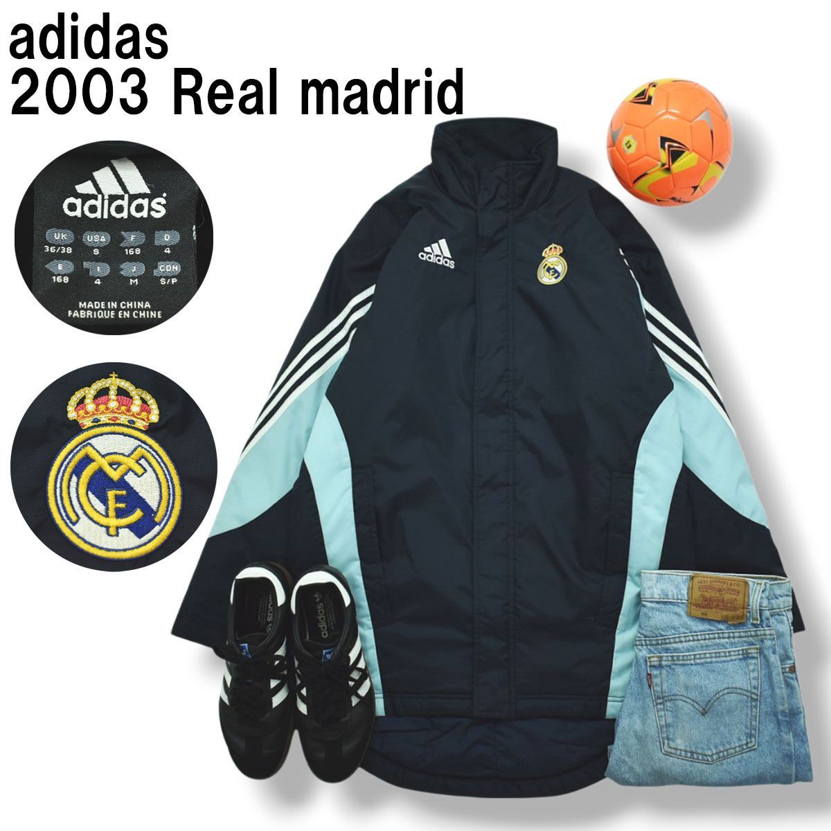 アディダス adidas 2003 ルマドリード Real madrid ベンチ コート キルティング 中綿 ジャンパー M ネイビー サッカー フットボール ウェア メンズ