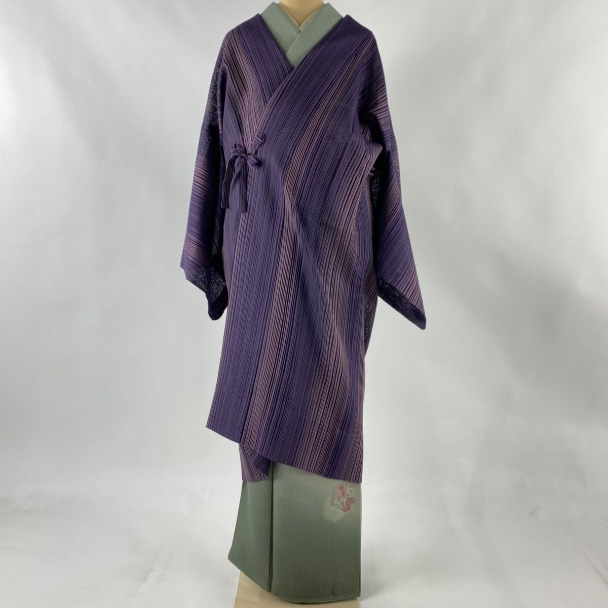 道中着 身丈118cm 裄丈66.5cm M 和装コート 縦縞 紫 正絹 美品 秀品  