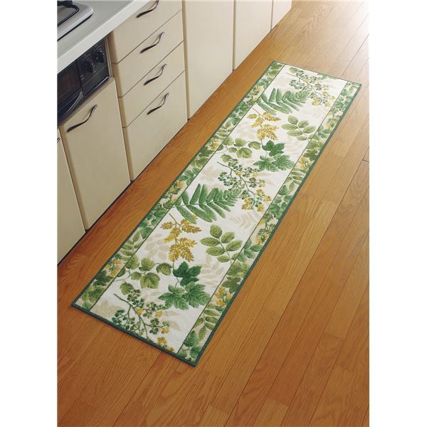 洗えるキッチンマット ロング 50cm×240cm 南洋柄 日本製 グリーン 緑 〔速乾 抗菌 防臭 吸水 滑り止め加工〕 代引不可