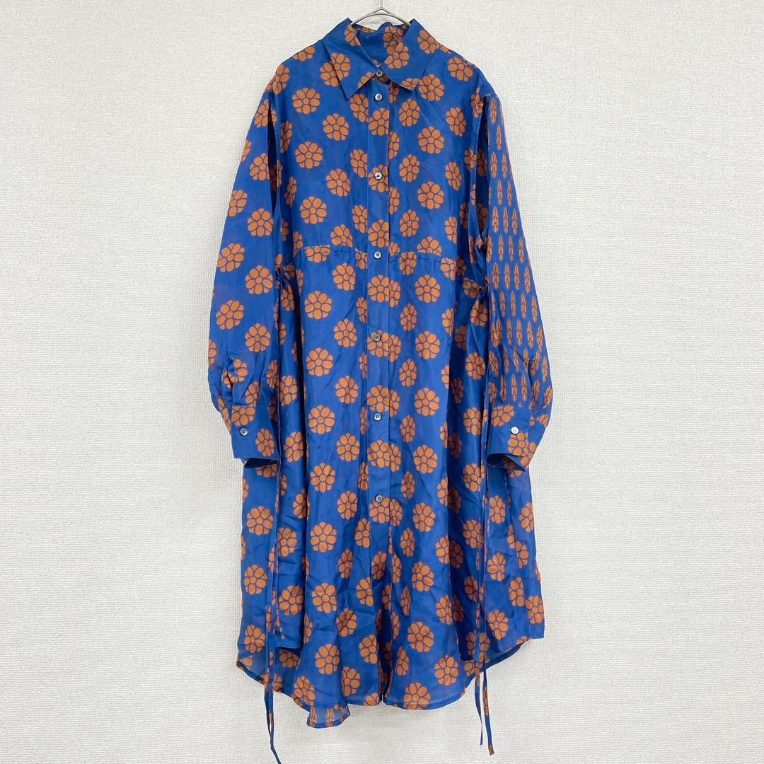 MM6 Maison Margiela エムエムシックス メゾンマルジェラ シルク100％ 花柄 シャツワンピース ドローコード 青 総柄 38