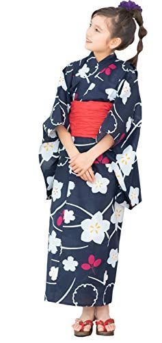 4-桔梗(しわ作り帯 レッド)_150cm [KYOETSU] [キョウエツ] 浴衣セット ジュニア 染料 2点セット(浴衣、作り帯) ガールズ (150cm， 4-桔梗(しわ作り帯 レッド))
