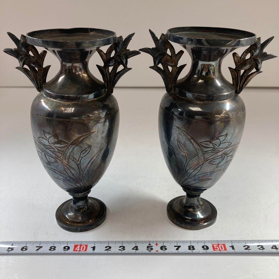 中国清時代シャム銀花器一対 247g 高さ14.3㎝東Y5-0306 2Fトニサ