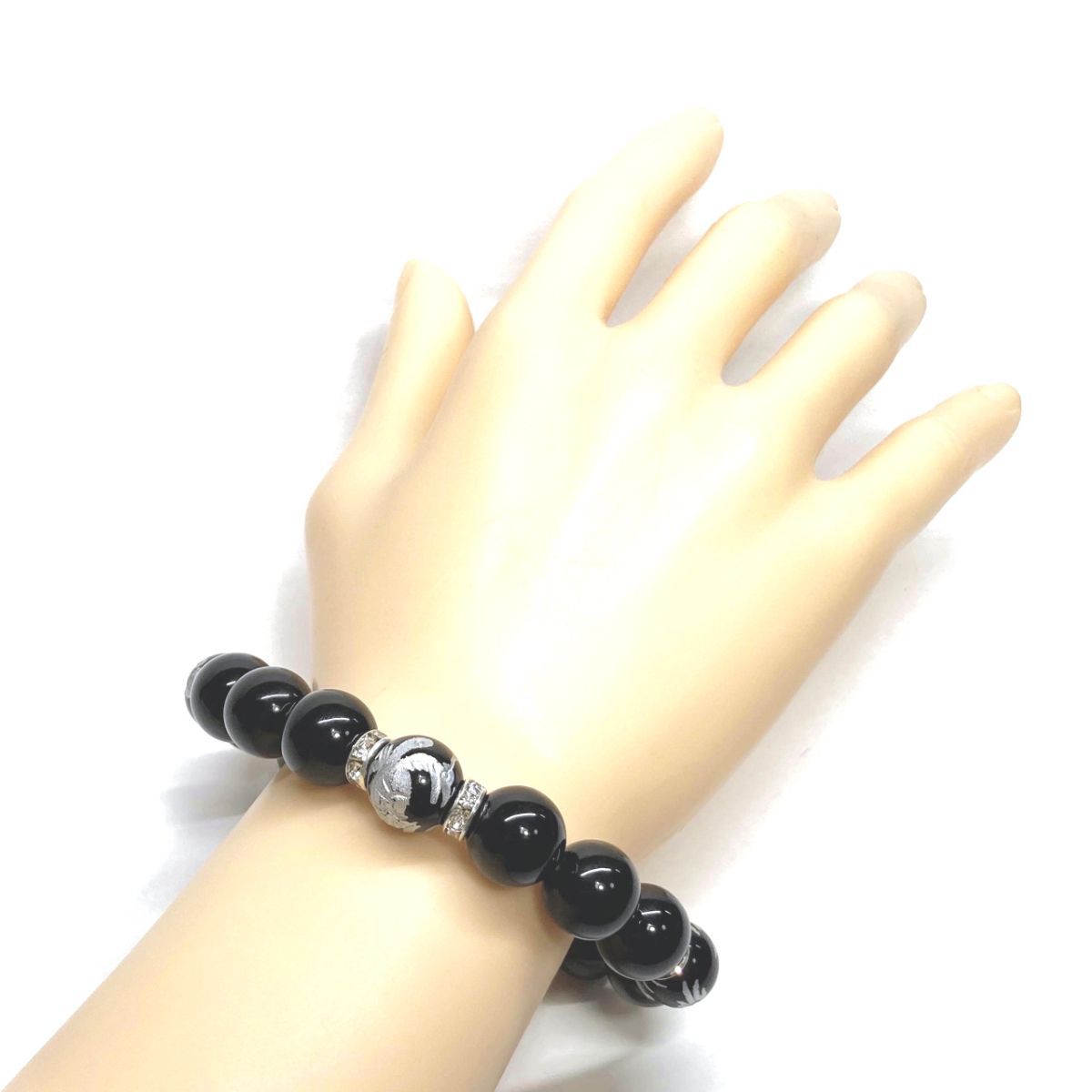 12mm 四神獣銀彫オニキス×オニキス パワーストーン ブレスレット天然石 