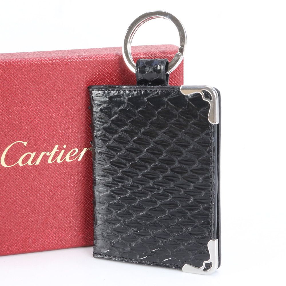 カルティエ パイソン レザー キーホルダー キーリング フォトホルダー 写真入れ チャーム ブラック メンズ レディース RCE CI 1-9