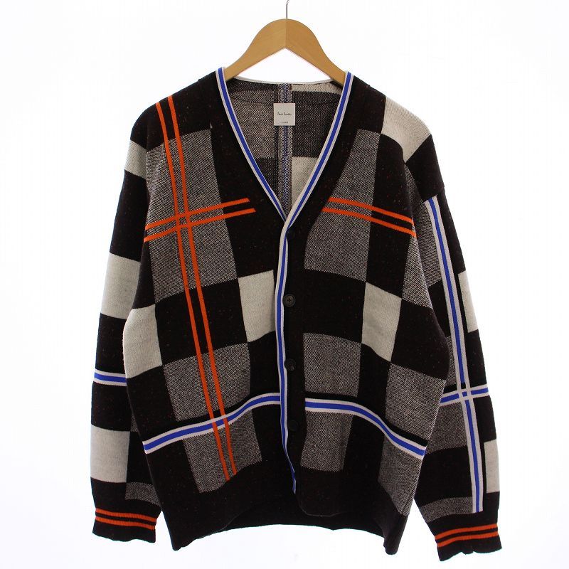 ポールスミス PAUL SMITH ブロックチェック カーディガン 長袖 Vネック ニット ウール XL 茶 白 233408 289Y |BM MU