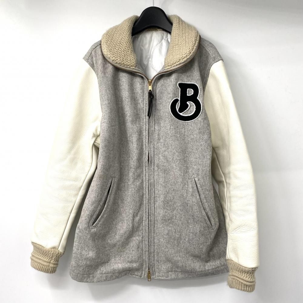 中古】BURNOUT 袖レザースタジャン サイズL グレー ホワイト バーン 