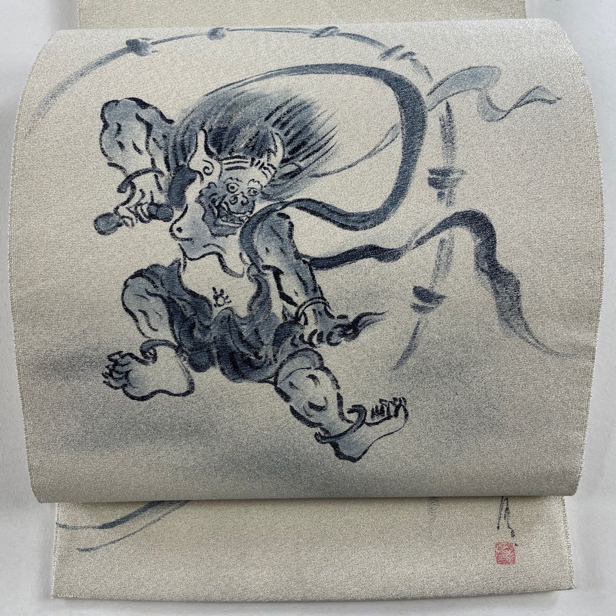 袋帯 名品 落款 雷神 銀糸 クリーム お太鼓柄 正絹