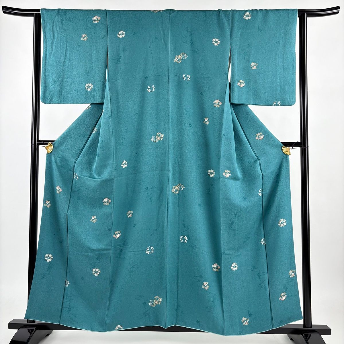 小紋 身丈158.5cm 裄丈63.5cm S 袷 花丸文 地紋 青緑 正絹 優品