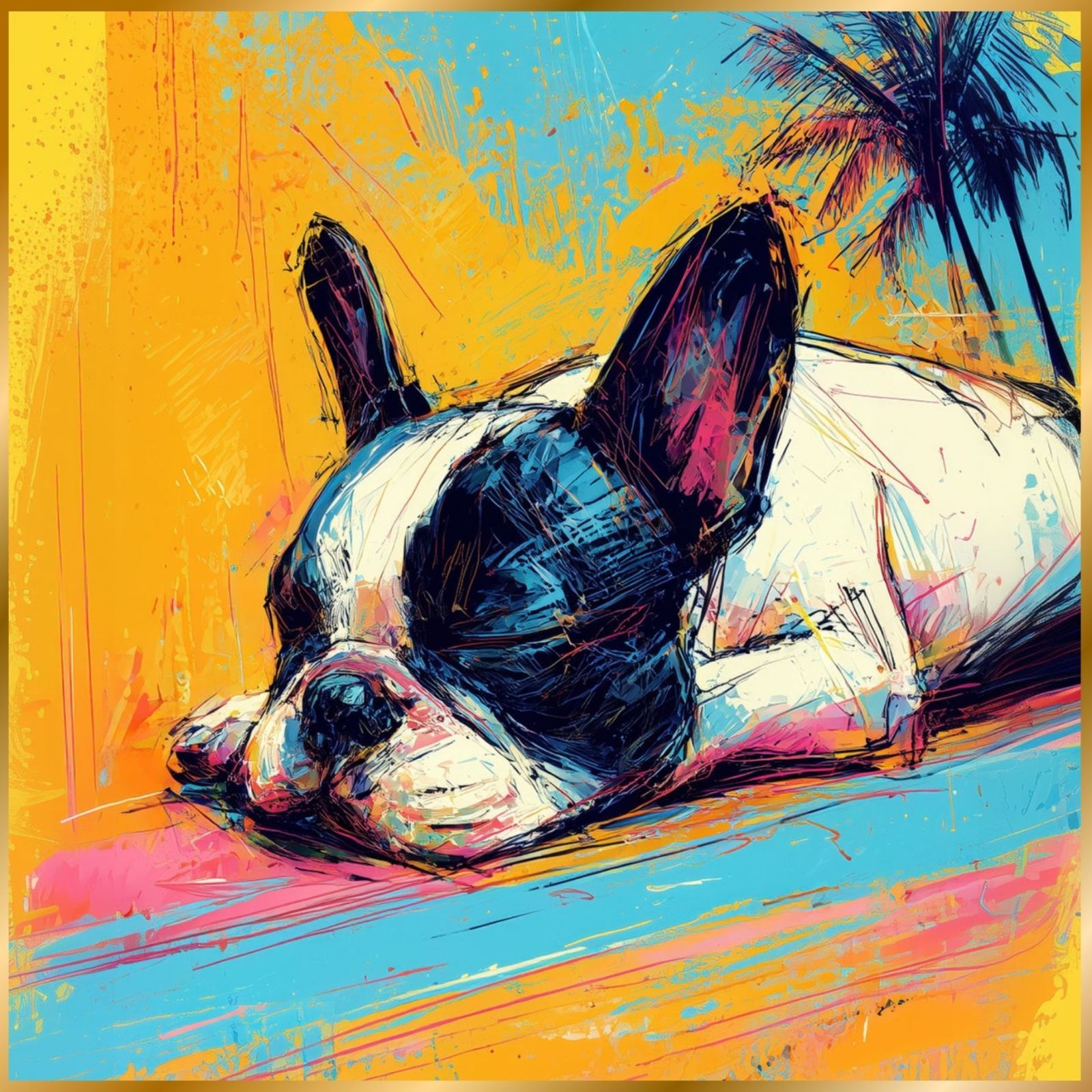 フレンチブルドッグ犬とビーチのスケッチ No.1 海 犬の絵 犬のイラスト おしゃれ ミニマリスト ミニマリズム シンプル インテリアアート ペットロス うちの子 記念日 アートポスター ギフト プレゼント