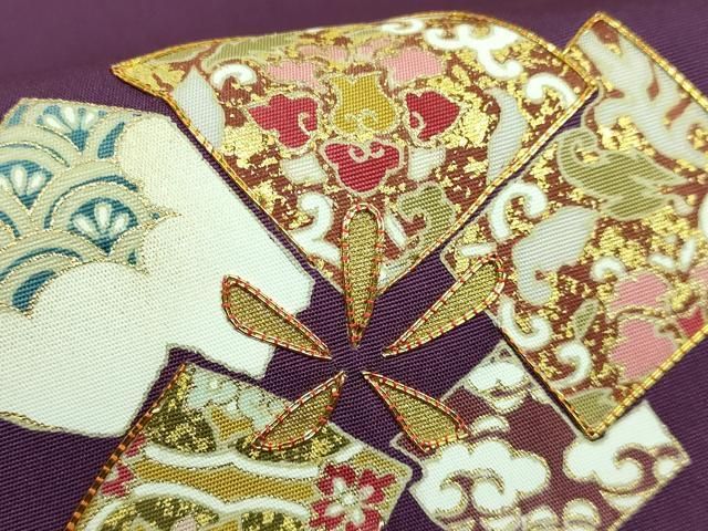 平和屋着物□極上 塩瀬 九寸名古屋帯 手描き 七福神 深支子色