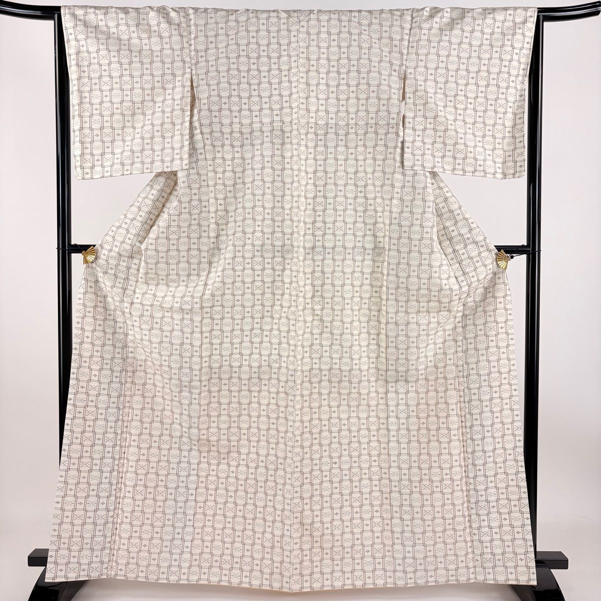 紬 身丈165cm 裄丈65.5cm M 袷 花 格子 クリーム 正絹 名品
