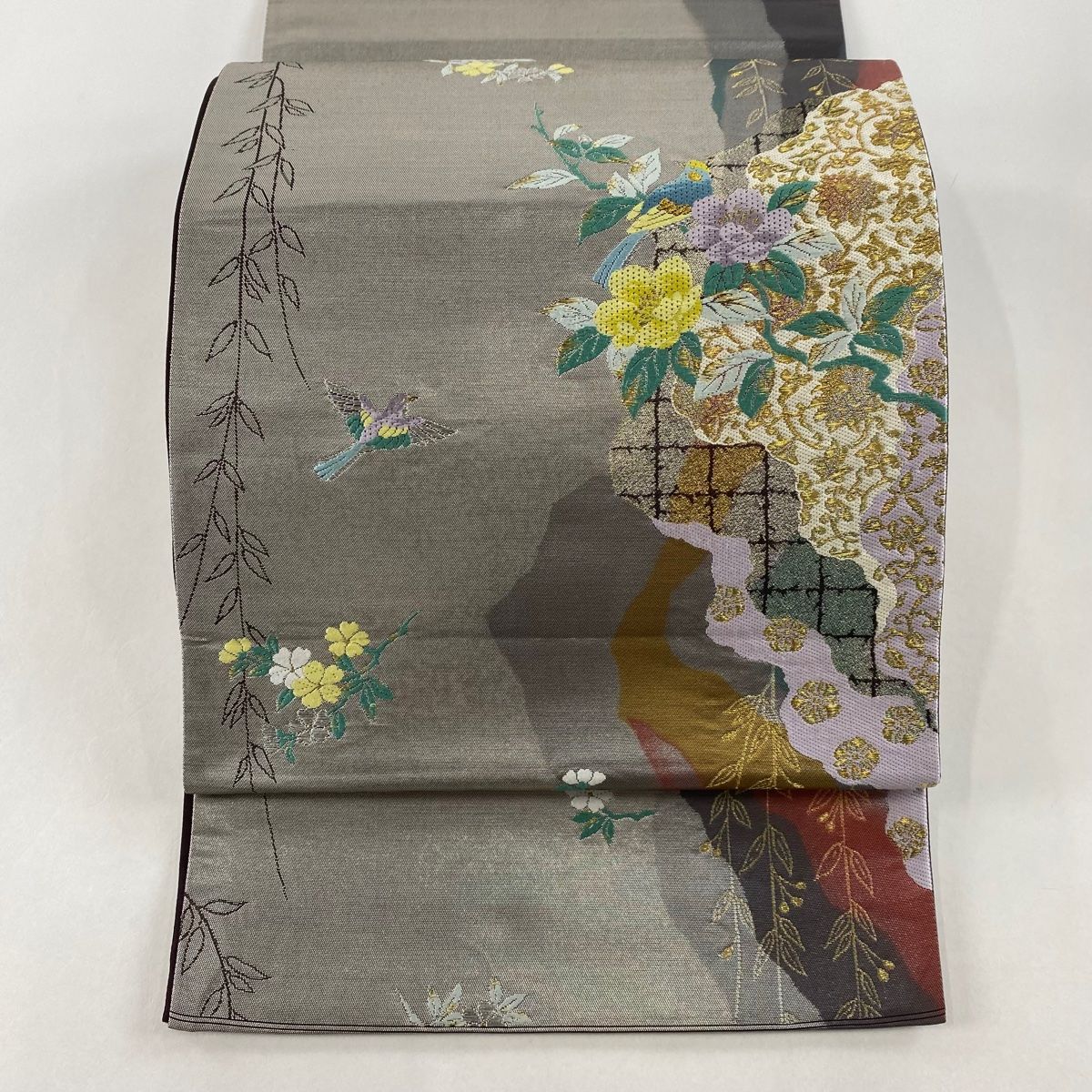 袋帯 名品 落款 建物 樹木 螺鈿 箔 鶯色 お太鼓柄 正絹 【中古】