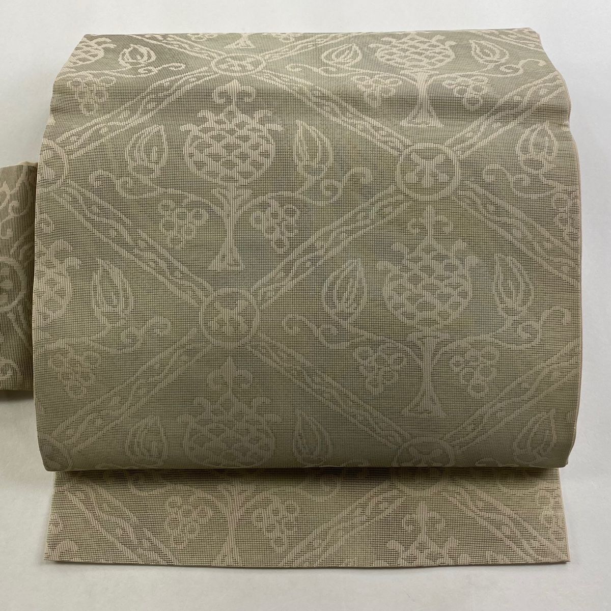 付け帯 秀品 作り帯 夏帯 草花 斜め格子 ベージュ 正絹