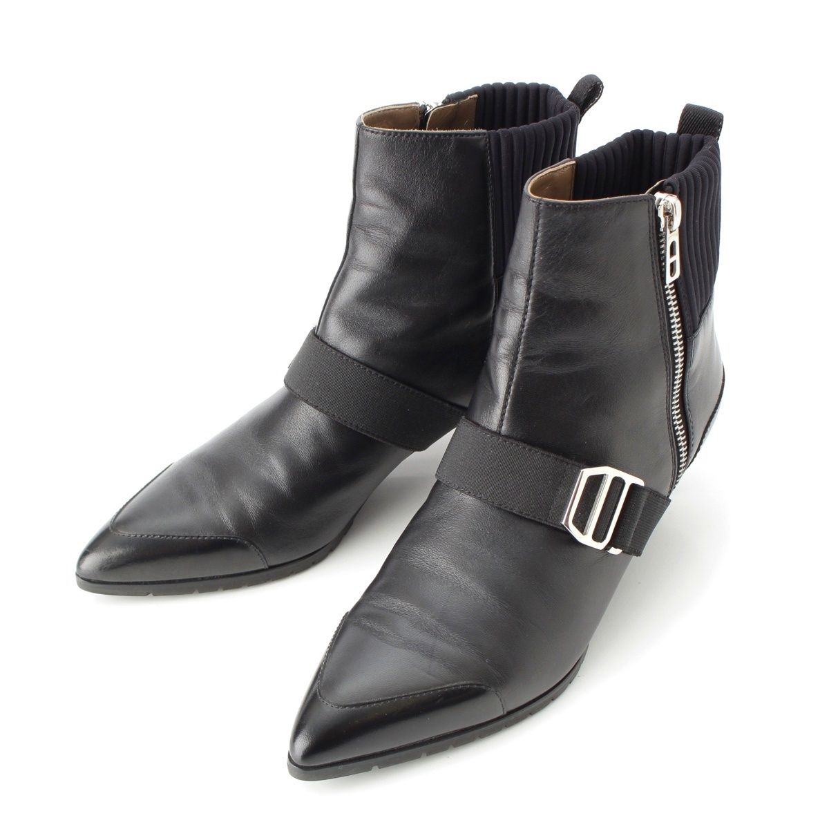 エルメス レザー ベルト付き ニット切替 ポインテッドトゥ サイドジップ ショート ブーツ M10516 ブラック 35 1|2