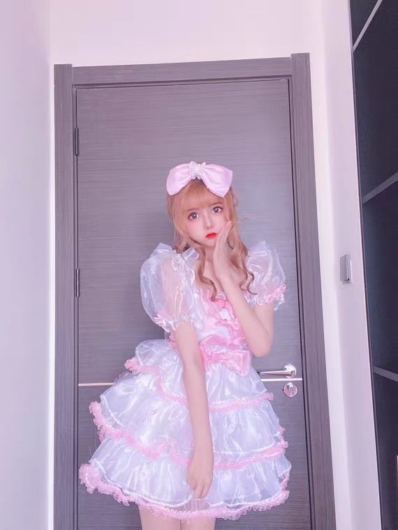 アイドル衣装 ピンク×白 水玉 編み上げ オリジナル ハンドメイド