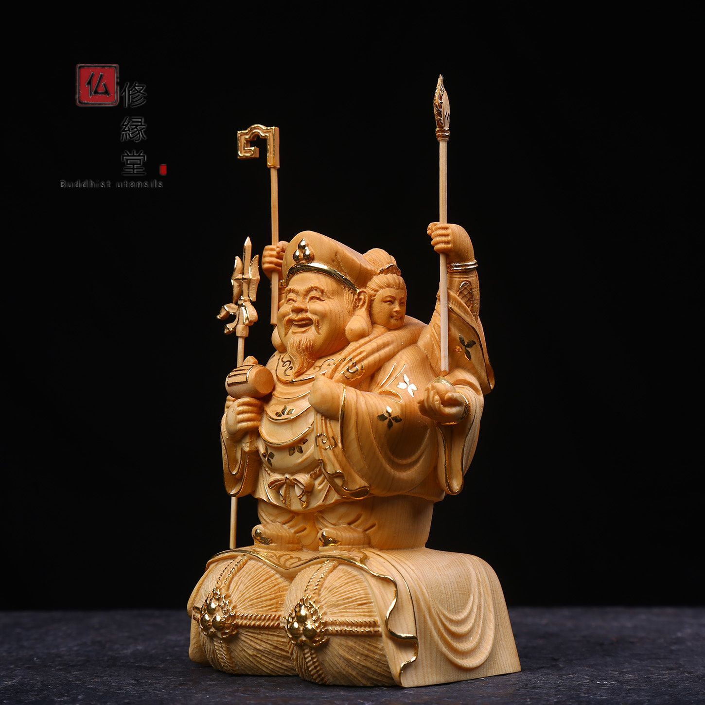 修縁堂】珍品 木彫り 仏像 福神三面大黒天 本金 切金 彫刻 天然木檜材 